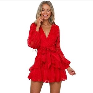 Hello Molly Long Sleeve Red Plunge I Hear A Rumor Ruffle Mini Dress Small S Sm